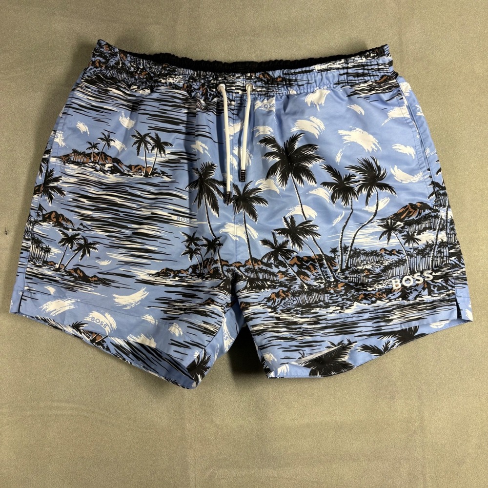 Hugo Boss Mens Tropical Palm Tree Print Swim Trunks Blue XL Drawstring Shorts